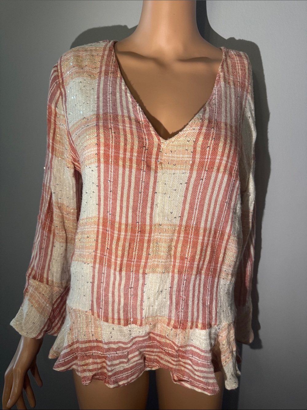 Striped V-Neck Long Sleeve Tunic in Peach and Cream